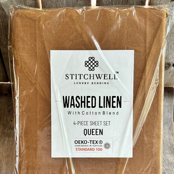 STITCHWELL Linen / Cotton Blend Washed Sheet Set - QUEEN Size Set (fits 17
